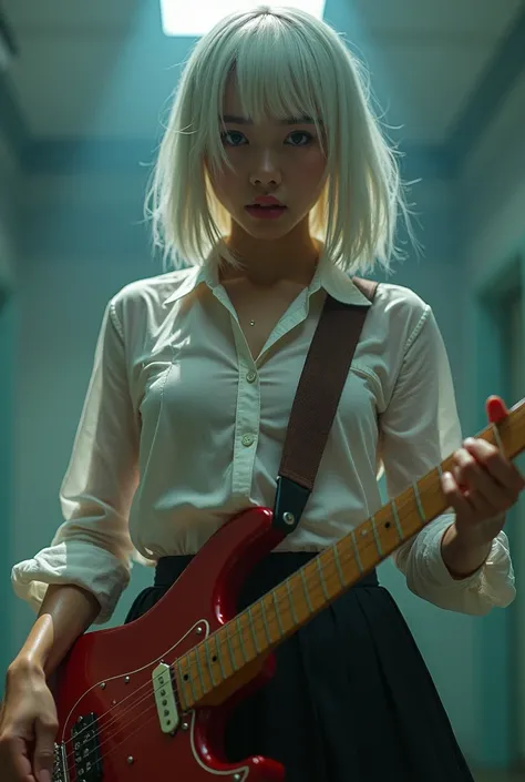 A cute girl with shoulder-length white hair in a school uniform with a skirt. the shirt is wet and you can see the chest (small) holding an electric guitar. The angle from below shows the underpants