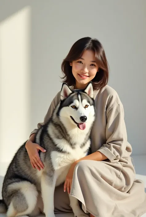 A non-Asian woman with short hair and her lead-grey baby Husky dog without the hen 