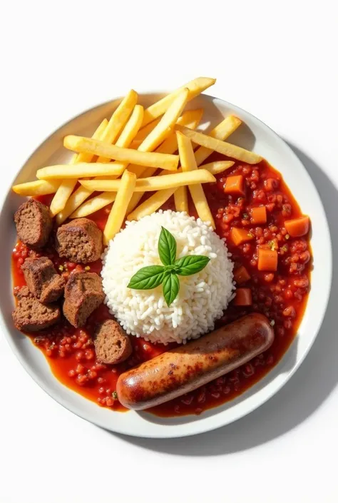 “Create an image of a plate of food with a white background. The plate should contain a portion of white rice decorated with a green basil leaf in the center.. Around the rice, there must be portions of red tomato sauce, brown meat with visible pieces. The...