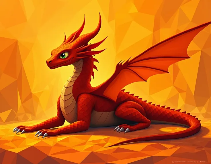 There is a dragon in the painting. The dragon has four legs and two wings. Night Fury. How to Train Your Dragon. the dragon lies on its stomach. the dragon consists of orange triangles. orange background. everything consists of different triangles of orang...