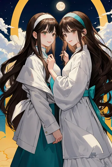 Two sisters chatting face to face，One is a 2 girl，Has black pupils and straight bangs，Black long straight hair shawl，Temperament like the moon，Both gentle and a little cold。She always kept a light smile on her face，Wearing aqua blue dress，Wearing a white h...