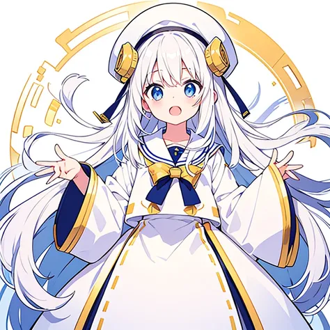 Mouth open、Pure white background、tachi-e、Standing still、Hands at sides、White hat with gold decoration、Long white hair、Sailor&#39;White uniform