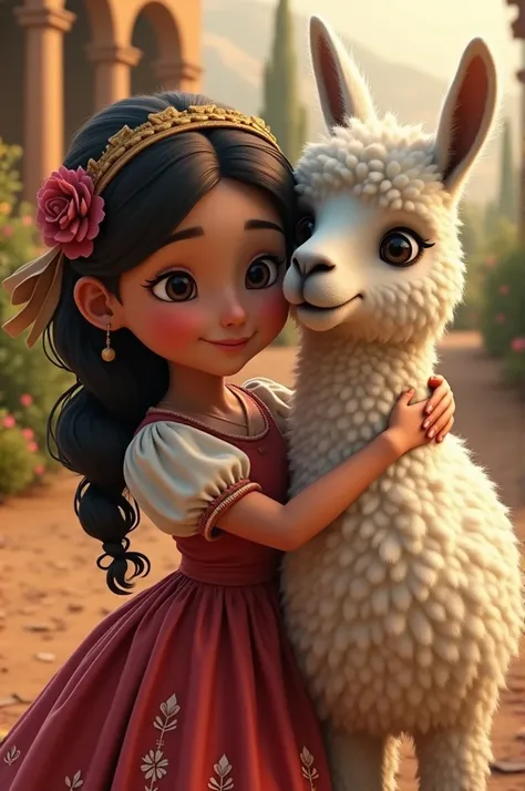 A young girl in a colonial Spanish dress and a llama hugging and frightened Pixar
