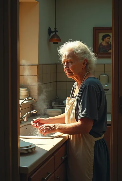 Grandma profile view, washing dishes in a kitchen, seen from outside a door