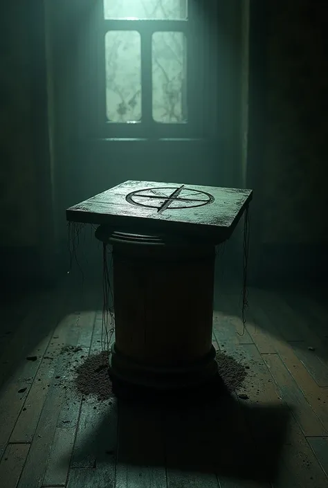 Room in an old house with a board on top of a round pillar that forms a symbol but is missing 3 pieces, climate of terror in the environment 