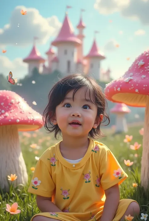 hyper realistic photography of a small Indonesian child, with a beautiful and cute face, wearing a yellow nightgown with cartoon pictures, an amazed facial expression, being in a land of fantasy, a shining pink castle, colorful giant mushrooms, cute flower...