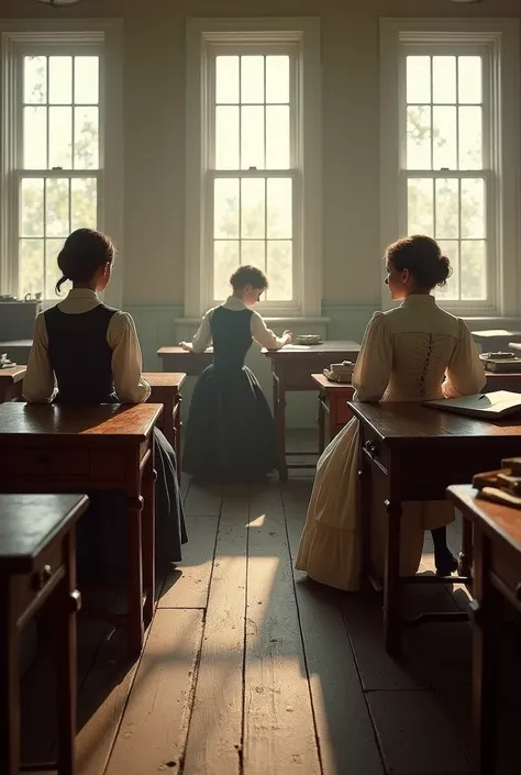 old classroom with wooden floor, 3 large white windows, old wallets with girls sitting. They wear clothes from 1860. 