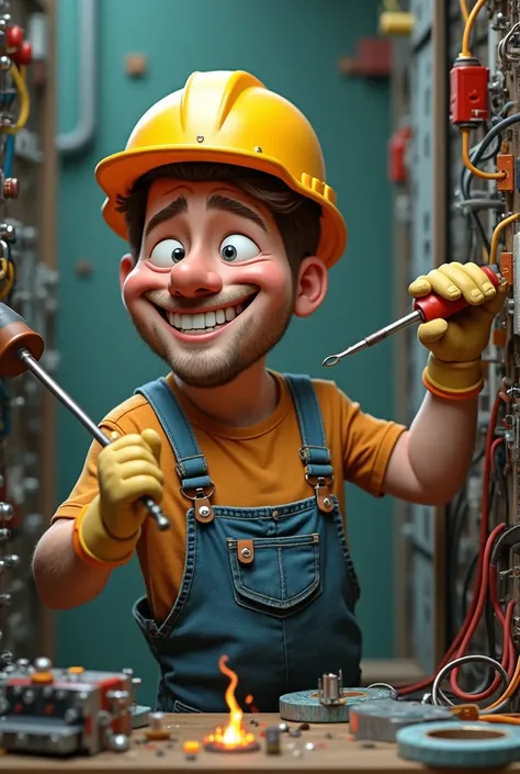 Funny electrician with electrical tape, with a screwdriver, passatijami 