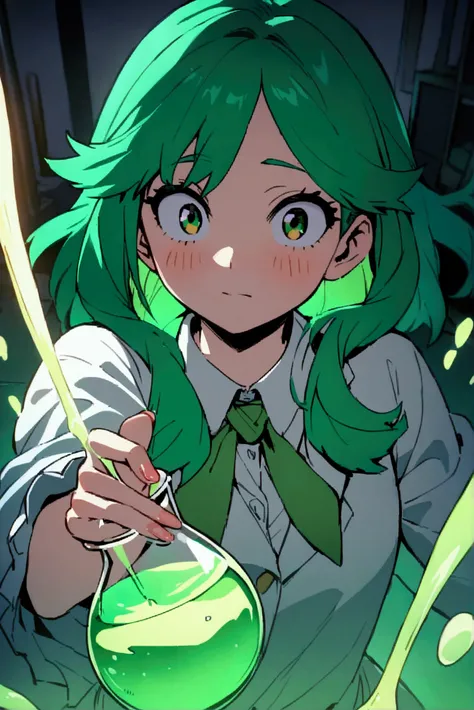 Anime teen girl, green hair, professor teen girl, in a laboratory, beaker glass, chemical reaction, Masterpiece, solo, hero academia 