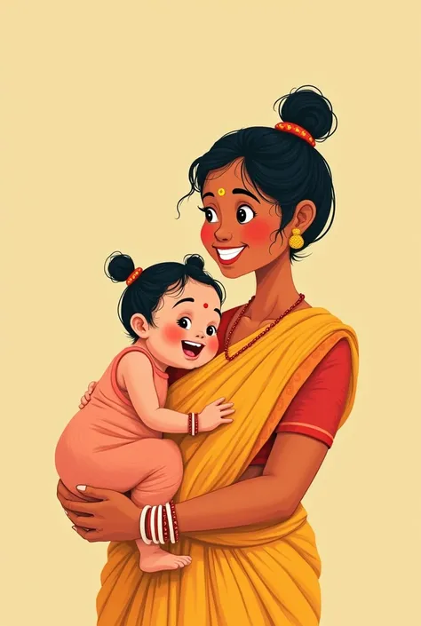 Generate an image of a small kid chubby and happy and small illustration of a married women Bengali girl in cotton saree make her extremely small and chubby with two braided ponytail and sindoor and a small round red Bindi on her for it and Shakha and Pola...