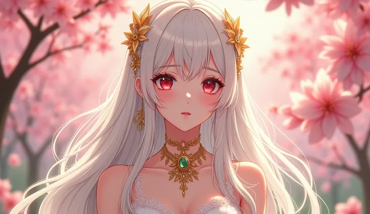 Anime girl with red eyes and long white hair and white spring clothes with shiny golden jewelry and jewels even in her hair +18 that shows the body. Spring background with pink flowers