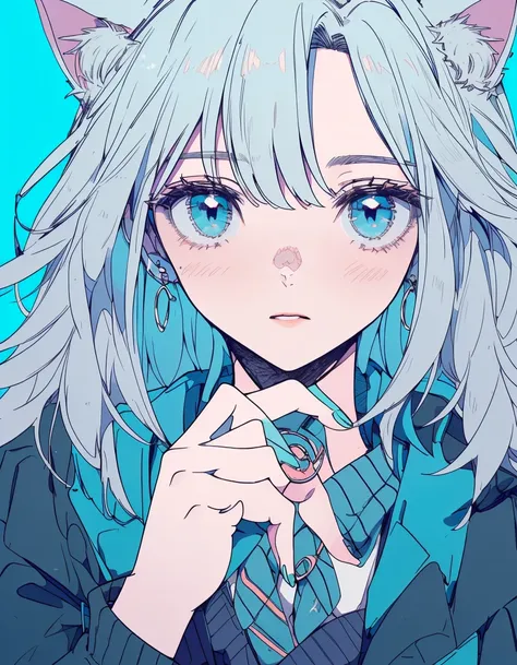 simple, ((masterpiece, best quality:1.5)), ((Beautiful detailed cat aqua eyes:1.2)), cat ears, pale skin, medium breasts, beautiful hands, beautiful fingers, EasyNegative