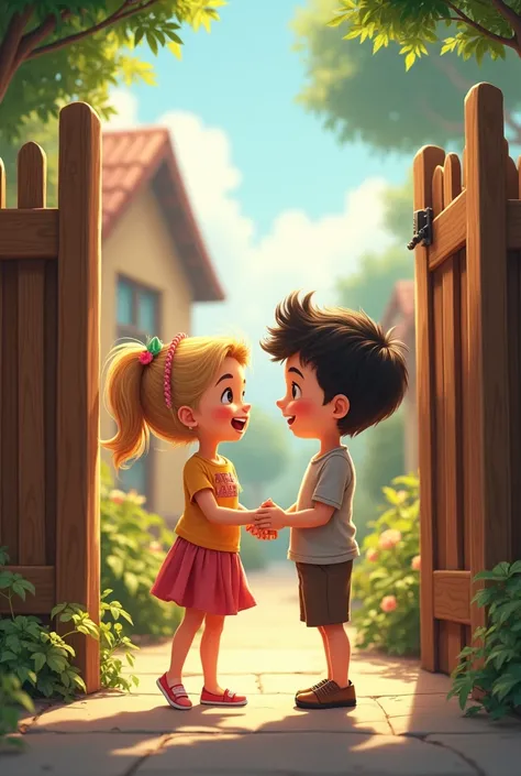  young blonde long hairclothes skirt and t-shirtin special moments with a young boy, moreno, with short dark hair, like talking at the gate of the house with him or also with friends laughing