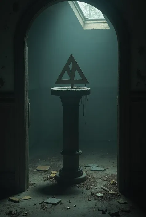 Room in an old house with a board on top of a round pillar that forms a symbol but is missing 3 pieces, There is a climate of terror in the environment, it is night without external lighting