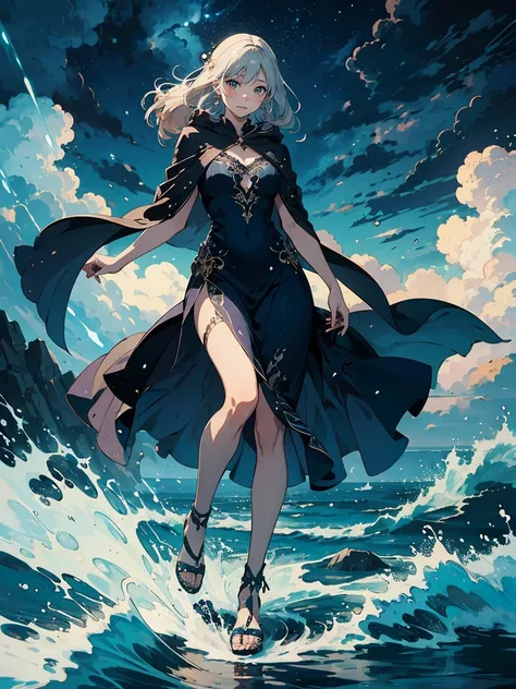 Best Quality, Super detailed, (Ultra-high resolution,8k), Ultra-high definition 4K, A majestic, otherworldly goddess, with flowing, platinum blonde hair and piercing, amethyst eyes, descends upon a stormy sea. She is clad in a form-fitting, dark blue gown ...