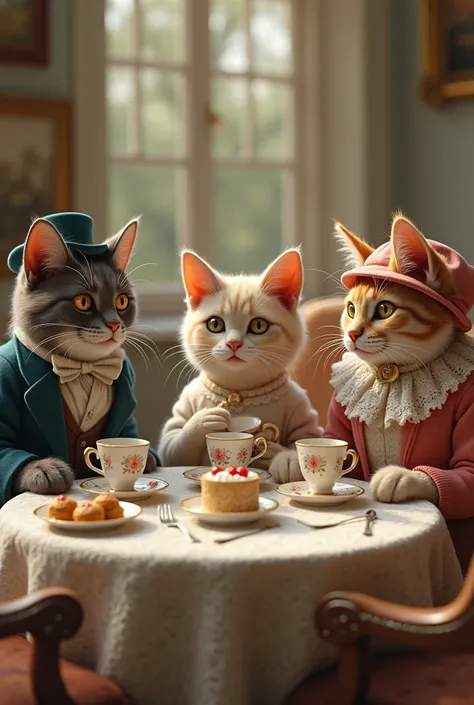 Cats are sitting at the table and drinking tea