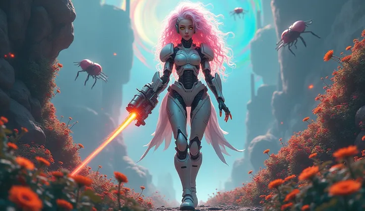 Mecha cyborg girl in a fantastic  scifi world,nebulas, colourful, dynamic lights, lensflare, surealism  landscape, scifi ambiente, beautiful face with pink white curly hair, yellow eyes,seductive beautiful grine, a laser weapon, fauna and flora,alien insec...