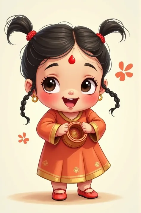 Generate an image of Bengali married girl and make her a small illustrated baby kid in two braided ponytail at Sindoor in her forehead and a small red Bindi and make her happy Bubli chubby kid with Shakha Pola in her hand and make her cheeks a little bit b...