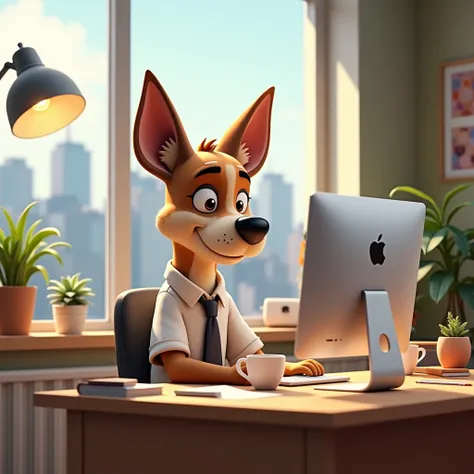 ANIMATED DOG WITH HIS IMAC AND HIS CUP OF COFFEE IN THE OFFICE