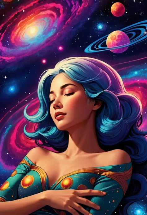 illustration of a beautiful, relaxed woman lying peacefully in space, receiving a massage from cosmic energy hands behind her head, energy swirls wrapping around her, her body made of the galaxy, astral, cosmic, vivid colors high quality, retro comic style...