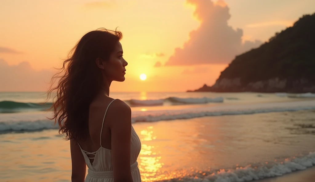 A 29s woman with wavy dark brown hair, wearing casual beach attire, stands on the edge of a quiet beach in Brazil. The sunset casts a warm orange glow over the ocean, and the wind gently tousles her hair. Her expression is one of deep contemplation as she ...