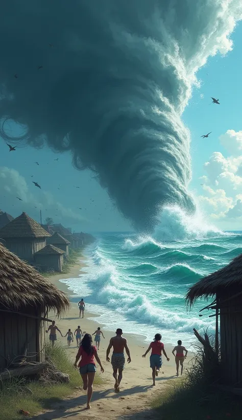 Villagers run in fear, the wind beginning to howl, roofs starting to fly off. Waves crash violently onto the shore, and in the distance, the cyclone grows, towering and alive.