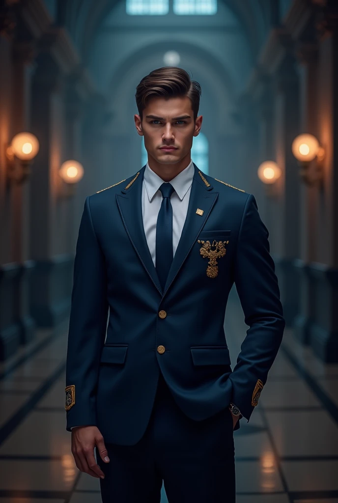 Realistic drawing, a beautiful man,sexy and young, straight nose, marked jaw, masculine traits, brown eyes, with a little smile on his lips, fit, full lips, dressed in a white collared shirt uniform, blazer azul dark con dorado, y una corbata azul dark, an...