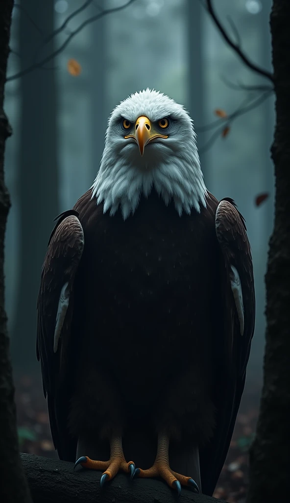 An eagle looking straight ahead with a determined gaze, blinking. It is dark, and the environment is a dark forest."