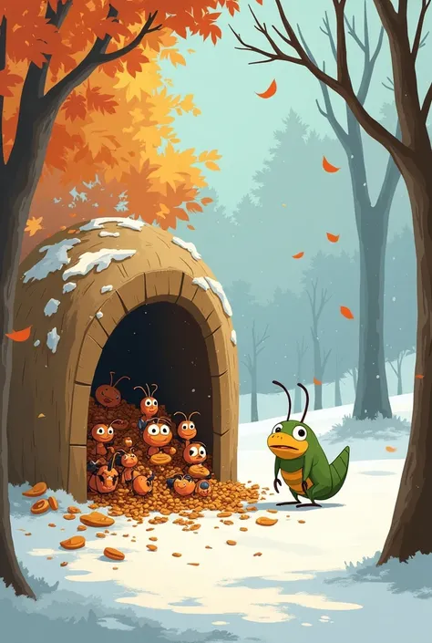 cartoon animation Description: The scene changes as autumn leaves fall from the trees, and winter sets in. The ants are cozy inside their nest, enjoying their stored food. Outside, the grasshopper looks cold and hungry, shivering in the snow.
Image Prompt:...