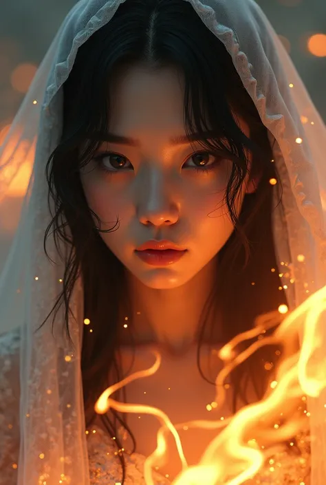 (best quality), (masterpiece), (Reality), Girl&#39;s upper body close-up, 1 girl, Black Hair, Long hair, White Veil, Lightning dendrites, Delicate eyes, beautiful facial features, Surrounded by flames, Game CG, Ultra Detailed