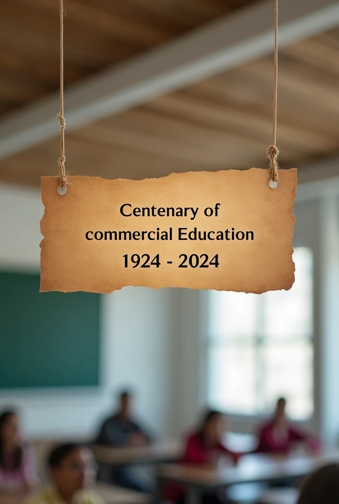 strip of brown paper hanging horizontally from the ceiling, with the inscription: "Centenary of Commercial Education in Rio Maior, 1924-2024" 