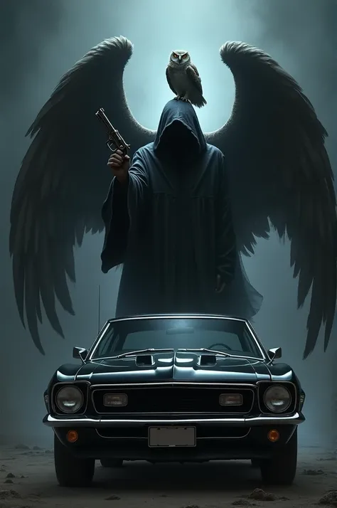 Angel of Death with a pistol with a black GM commodore with an owl above with open wings dark
