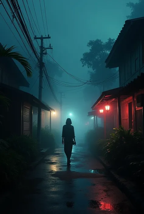 In the fog in a indonesia village at night, blade runner vibes