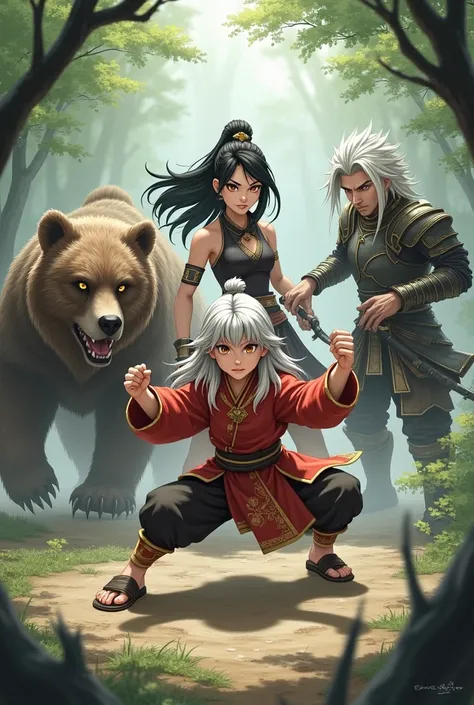 4 characters.
In the center is a little boy with long silver hair and golden eyes., she is in a fighting stance wearing a Chinese outfit Behind the  is a woman wearing armor and wielding a sword, her black hair and red eyes, his expression is fierce.

To t...