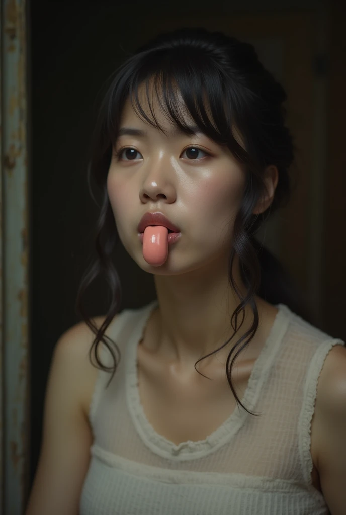 realistic image, 8k, of a Japanese woman, with a rubber cock in his mouth