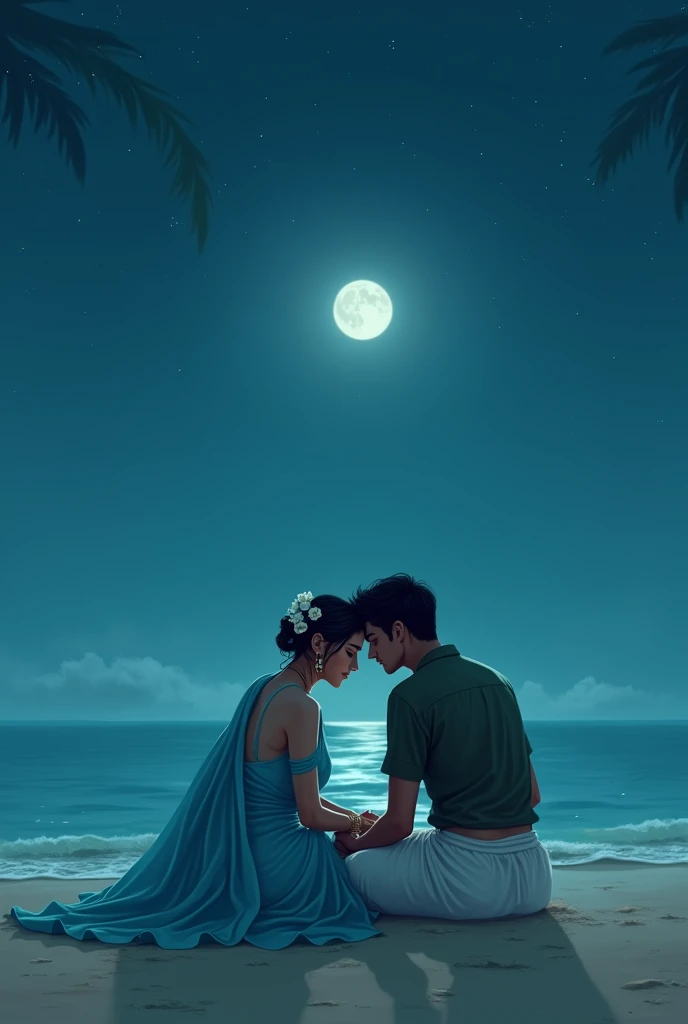 Lovers sitting on sea shore at night. Women wearing sky blue color saree and sky blue color blowse. men white dhoti and dark olive green shirt. Men rest on womens lap
