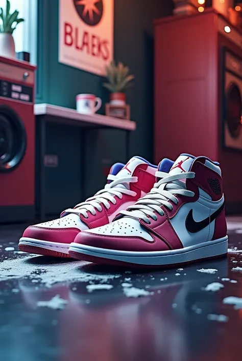 Lavage de sneakers en dessous du logo je veux quon écrive super chic sneakers en grande caractère  avec des couleurs vivante et un décor de lavagerie avec  des air Jordan 