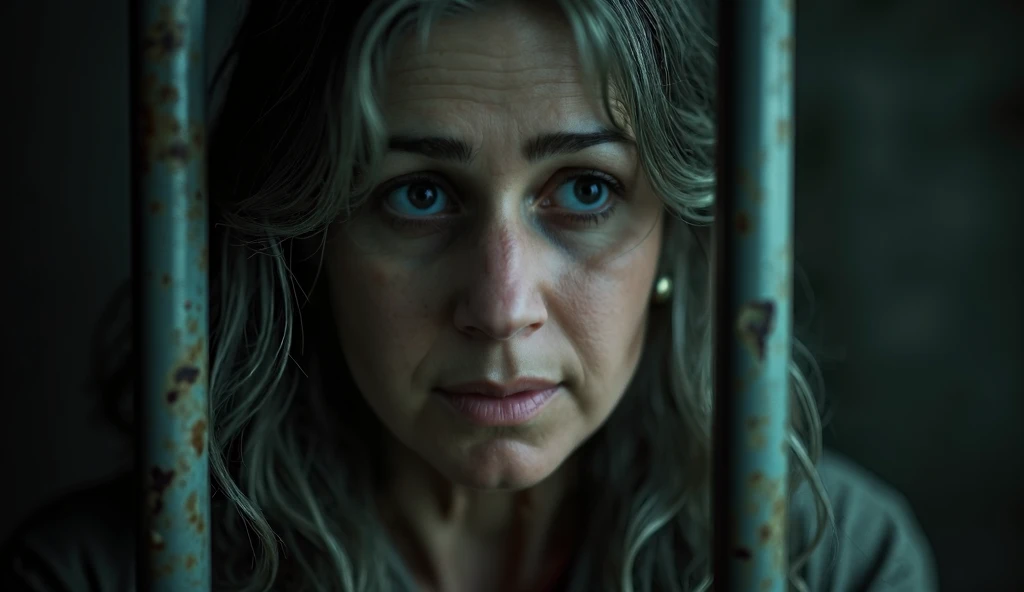 70 years old, dramatic, sad, a woman trapped in a jail cell, beautiful detailed eyes, beautiful detailed lips, extremely detailed face, long eyelashes, sad expression, tattered clothes, prison bars, dark dreary lighting, moody atmosphere, (best quality,8k,...