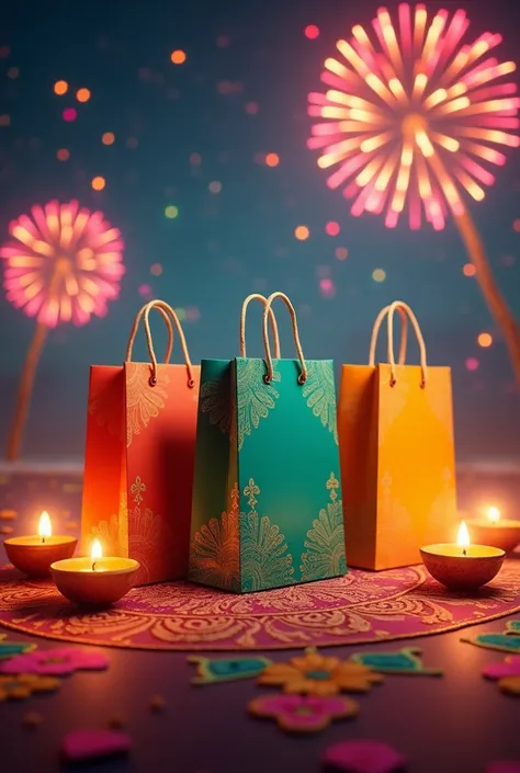 quick commerce shopping bags with Indian Diwali background