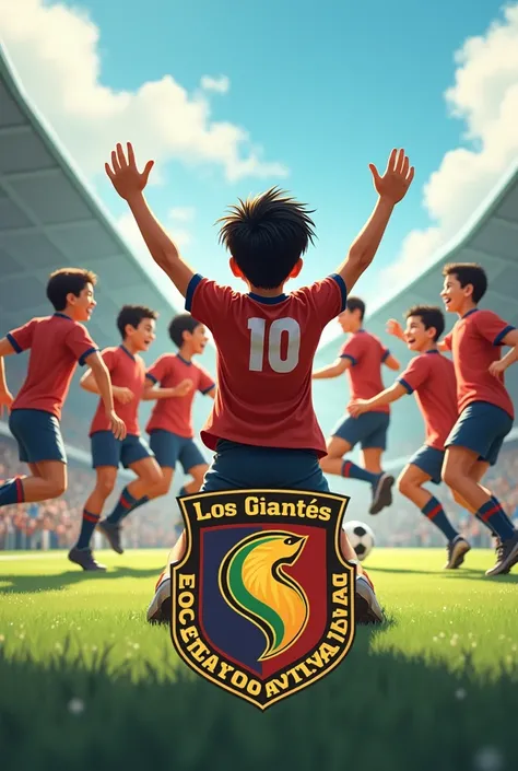 A boy celebrating a goal with his back to the goal and on his knees. We can add the number 10 and add other children running and hugging him. Now you can add the logo of the Los Gigantes de Morales Izabal Football Academy. 