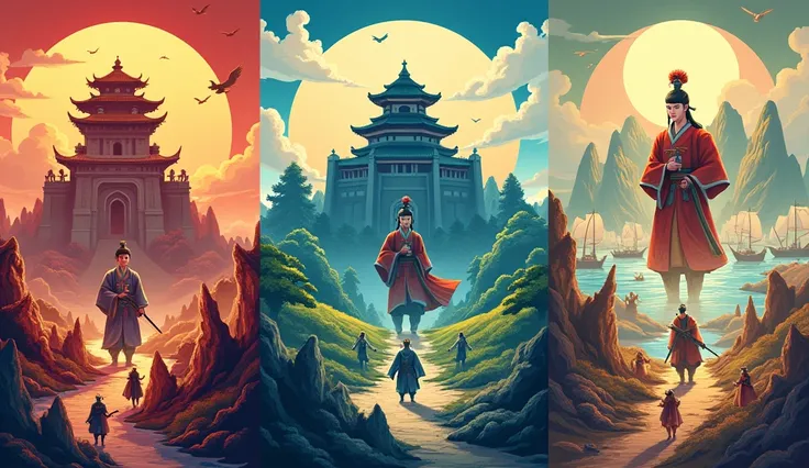 "Create a vibrant and detailed illustration of the Three Kingdoms of Imperial China, representing each kingdom with its iconic symbols. On the left side, show the kingdom of Wei with an imposing castle and armed warriors, symbolizing their military strengt...