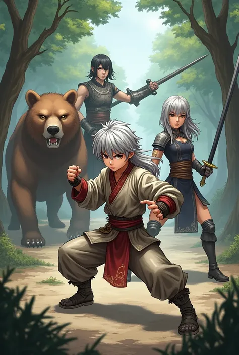 4 characters.
In the center is a little boy with long silver hair and golden eyes., she is in a fighting stance wearing a Chinese outfit Behind the  is a woman wearing armor and wielding a sword, her black hair and red eyes, his expression is fierce.

To t...