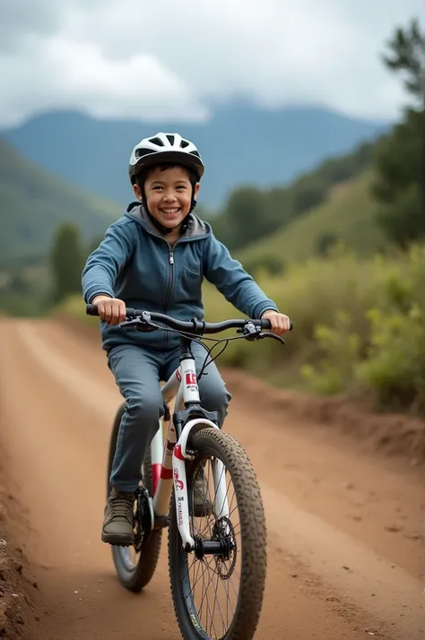 A boy with a helmet,  riding a white and red cross bike, in a beautiful landscape in cuenca ecuador.