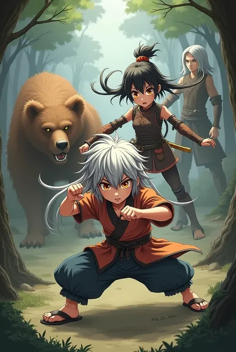 4 characters.
In the center is a little boy with long silver hair and golden eyes., she is in a fighting stance wearing a Chinese outfit Behind the  is a woman wearing armor and wielding a sword, her black hair and red eyes, his expression is fierce.

To t...