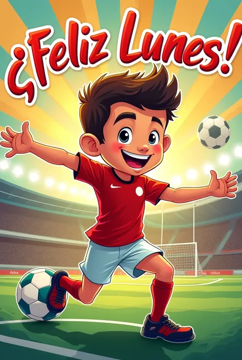 Create a football-themed image that says Happy Monday in Spanish