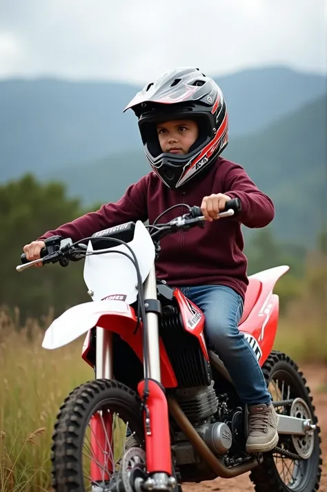 A boy with a helmet,  mounted on a white and red factory motorcycle, in a beautiful landscape in cuenca ecuador.