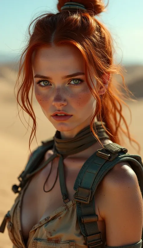 A photo of a redhead 2  so beautiful sexy thai woman, with sharp blue eyes and brown hair, wearing post-apocalyptic desert clothes, with a dirty face. In the background, a dune desert. 8K