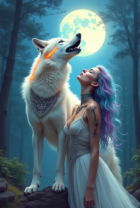 mesmerizing master who combines the best elements of oil painting, alcohol ink, watercolors and colored pencil. The scene focuses on a majestic white wolf, Adorned with neon orange stripes that run down its sleek and powerful body. Around her neck is a sil...