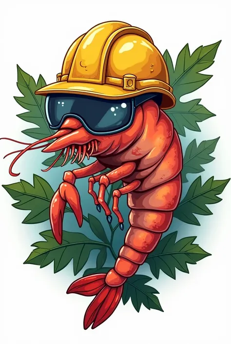 Logo of a shrimp with an industrial safety helmet and tree leaves 
