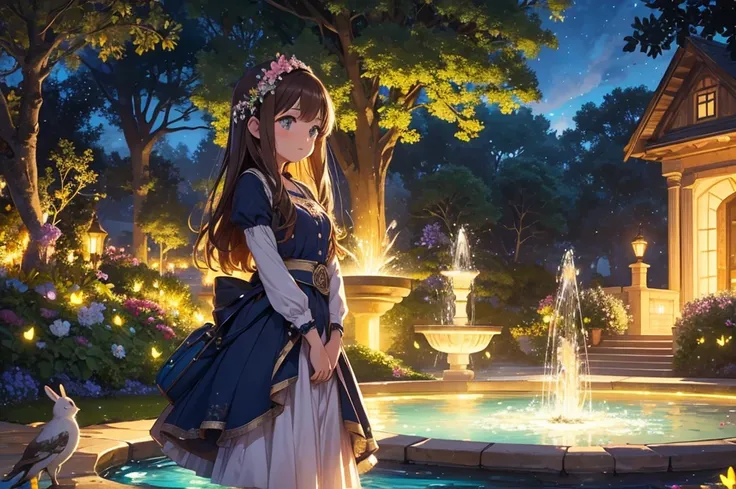 A vibrant enchanted garden scene, bathed in the soft, golden light of a setting sun. At the center is a glowing fountain with crystal-clear water that sparkles gently as it flows. Surrounding the fountain are towering, colorful flowers that shimmer like st...